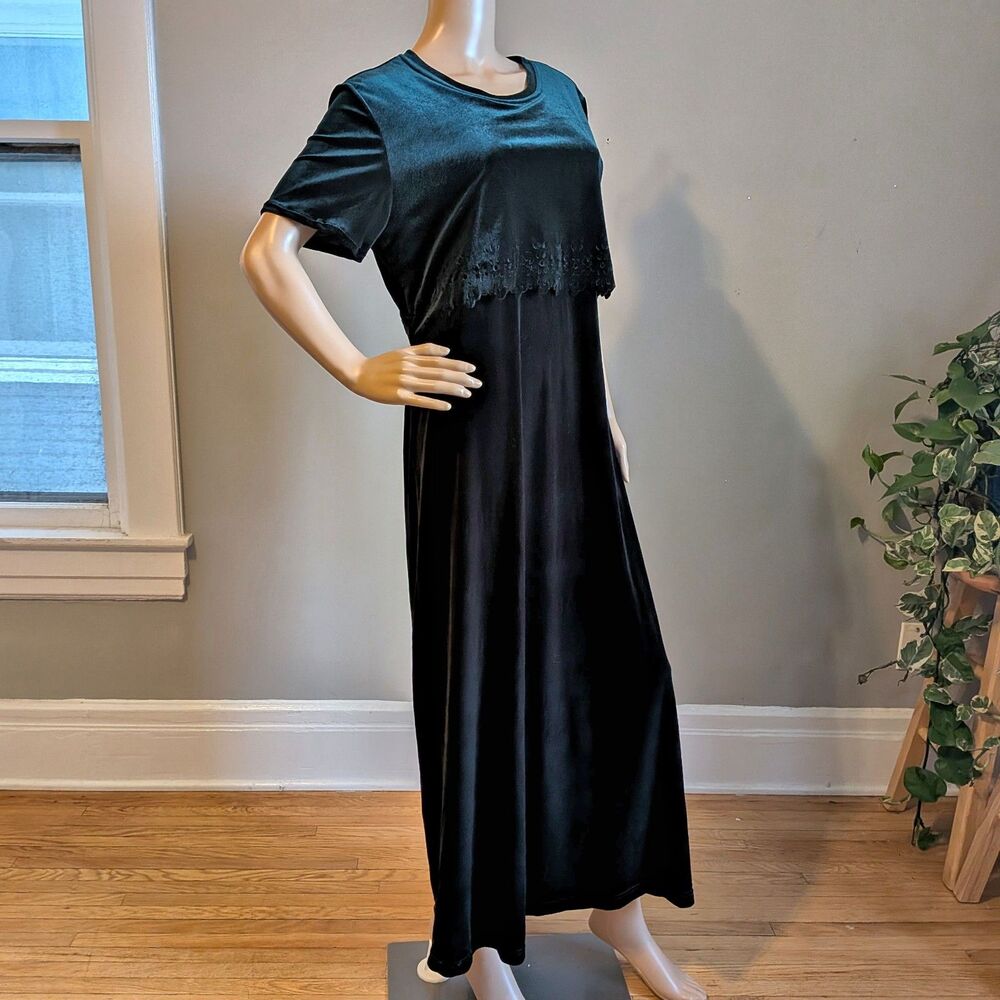 Vintage 1990s Green Velvet Maxi Dress Whimsygoth Cottagecore Size Medium